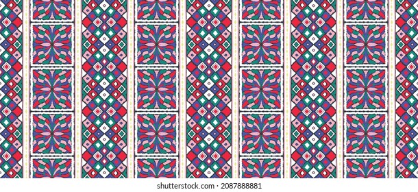 Ikat geometric folklore ornament. Tribal ethnic vector texture. Seamless striped pattern in Aztec style. Figure tribal embroidery. Indian, Scandinavian, Gypsy, Mexican, folk pattern.