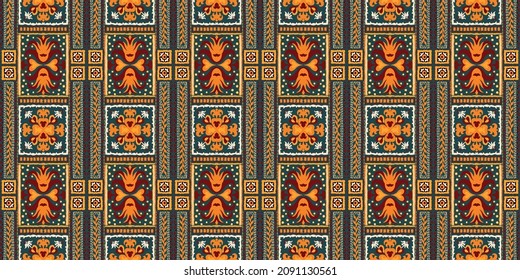 Ikat geometric folklore ornament. Tribal ethnic vector texture. Seamless striped pattern in Aztec style. Figure tribal embroidery. Indian, Scandinavian, Gypsy, Mexican, folk pattern.