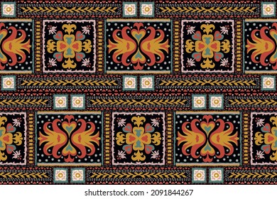 Ikat geometric folklore ornament. Tribal ethnic vector texture. Seamless striped pattern in Aztec style. Figure tribal embroidery. Indian, Scandinavian, Gypsy, Mexican, folk pattern.