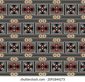 Ikat geometric folklore ornament. Tribal ethnic vector texture. Seamless striped pattern in Aztec style. Figure tribal embroidery. Indian, Scandinavian, Gypsy, Mexican, folk pattern.