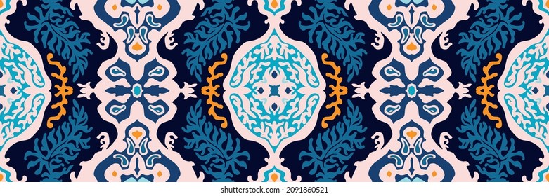 Ikat geometric folklore ornament. Tribal ethnic vector texture. Seamless striped pattern in Aztec style. Figure tribal embroidery. Indian, Scandinavian, Gypsy, Mexican, folk pattern.