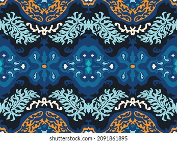 Ikat geometric folklore ornament. Tribal ethnic vector texture. Seamless striped pattern in Aztec style. Figure tribal embroidery. Indian, Scandinavian, Gypsy, Mexican, folk pattern.