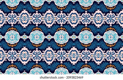 Ikat geometric folklore ornament. Tribal ethnic vector texture. Seamless striped pattern in Aztec style. Figure tribal embroidery. Indian, Scandinavian, Gypsy, Mexican, folk pattern.