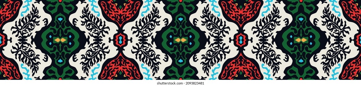 Ikat geometric folklore ornament. Tribal ethnic vector texture. Seamless striped pattern in Aztec style. Figure tribal embroidery. Indian, Scandinavian, Gypsy, Mexican, folk pattern.