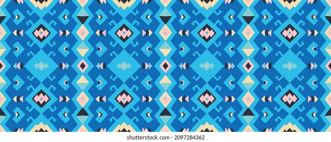 Ikat geometric folklore ornament. Tribal ethnic vector texture. Seamless striped pattern in Aztec style. Figure tribal embroidery. Indian, Scandinavian, Gypsy, Mexican, folk pattern.