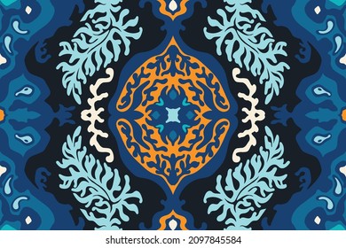Ikat geometric folklore ornament. Tribal ethnic vector texture. Seamless striped pattern in Aztec style. Figure tribal embroidery. Indian, Scandinavian, Gypsy, Mexican, folk pattern.