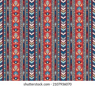 Ikat geometric folklore ornament. Tribal ethnic vector texture. Seamless striped pattern in Aztec style. Figure tribal embroidery. Indian, Scandinavian, Gypsy, Mexican, folk pattern.