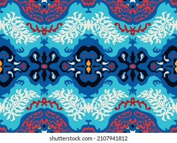 Ikat geometric folklore ornament. Tribal ethnic vector texture. Seamless striped pattern in Aztec style. Figure tribal embroidery. Indian, Scandinavian, Gypsy, Mexican, folk pattern.