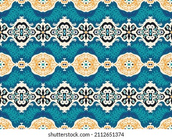 Ikat geometric folklore ornament. Tribal ethnic vector texture. Seamless striped pattern in Aztec style. Figure tribal embroidery. Indian, Scandinavian, Gypsy, Mexican, folk pattern.