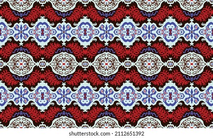 Ikat geometric folklore ornament. Tribal ethnic vector texture. Seamless striped pattern in Aztec style. Figure tribal embroidery. Indian, Scandinavian, Gypsy, Mexican, folk pattern.