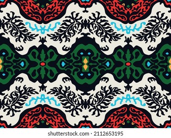 Ikat geometric folklore ornament. Tribal ethnic vector texture. Seamless striped pattern in Aztec style. Figure tribal embroidery. Indian, Scandinavian, Gypsy, Mexican, folk pattern.