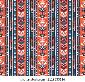 Ikat geometric folklore ornament. Tribal ethnic vector texture. Seamless striped pattern in Aztec style. Figure tribal embroidery. Indian, Scandinavian, Gypsy, Mexican, folk pattern.