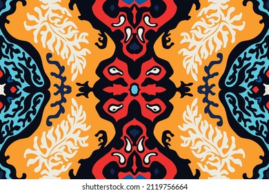 Ikat geometric folklore ornament. Tribal ethnic vector texture. Seamless striped pattern in Aztec style. Figure tribal embroidery. Indian, Scandinavian, Gypsy, Mexican, folk pattern.