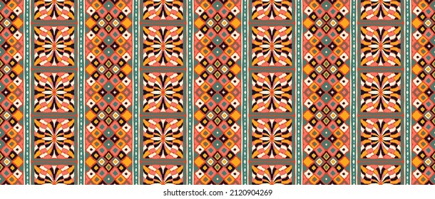 Ikat geometric folklore ornament. Tribal ethnic vector texture. Seamless striped pattern in Aztec style. Figure tribal embroidery. Indian, Scandinavian, Gypsy, Navajo, Mexican, folk pattern.
