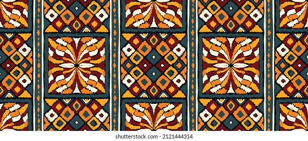 Ikat geometric folklore ornament. Tribal ethnic vector texture. Seamless striped pattern in Aztec style. Figure tribal embroidery. Indian, Scandinavian, Gypsy, Mexican, folk pattern.