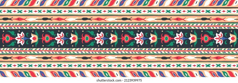 Ikat geometric folklore ornament. Tribal ethnic vector texture. Seamless striped pattern in Aztec style. Figure tribal embroidery. Indian, Scandinavian, Gypsy, Mexican, folk pattern.