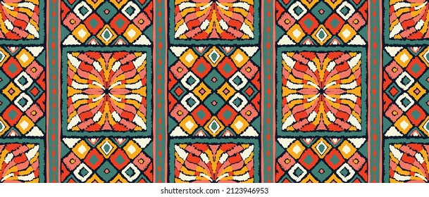 Ikat geometric folklore ornament. Tribal ethnic vector texture. Seamless striped pattern in Aztec style. Figure tribal embroidery. Indian, Scandinavian, Gypsy, Mexican, folk pattern.