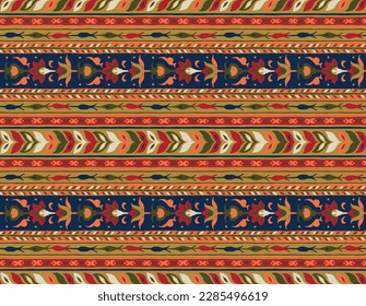 Ikat geometric folklore ornament. Tribal ethnic vector texture. Seamless striped pattern in Aztec style. Figure tribal embroidery. Indian, Scandinavian, Gypsy, Mexican, folk pattern.