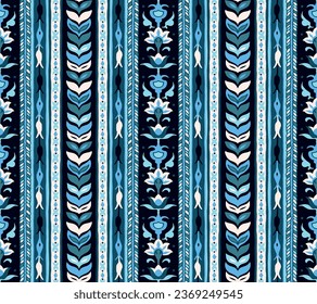 Ornamento de folclore geométrico Ikat. Textura vectorial étnica tribal. Patrón de rayas sin foco al estilo azteca. Figura bordado tribal. indio, escandinavo, gitano, mexicano, folclórico.