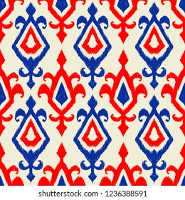 Ikat geometric folklore pattern. Ethnic folk ornament texture. Tribal mengikat textile. Aztec, Indian, Scandinavian, Gypsy or Mexican fabric.