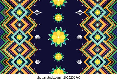Ikat geometric Indian ethnic pattern design. Aztec fabric carpet mandala ornament boho chevron textile decoration wallpaper. Traditional embroidery tribal oriental vector illustrations background.