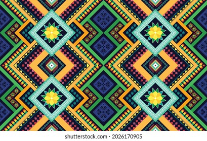 Ikat geometric Indian ethnic pattern design. Aztec fabric carpet mandala ornament boho chevron textile decoration wallpaper. Traditional embroidery tribal oriental vector illustrations background.