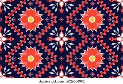 Ikat geometric Indian ethnic pattern design. Aztec fabric carpet mandala ornament boho chevron textile decoration wallpaper. Traditional embroidery tribal oriental vector illustrations background.