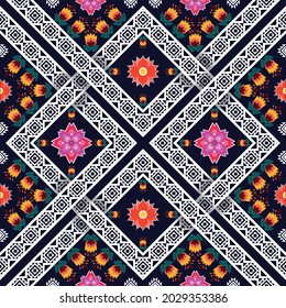 Ikat geometric Indian ethnic pattern. Aztec fabric carpet mandala ornament boho chevron textile decoration wallpaper. Traditional embroidery oriental African tribal vector illustrations background.