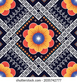 Ikat geometric Indian ethnic pattern. Aztec fabric carpet mandala ornament boho chevron textile decoration wallpaper. Traditional embroidery oriental African tribal vector illustrations background.