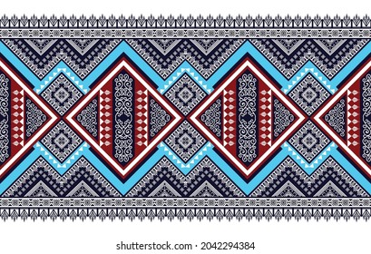 Patrón étnico indio geométrico Ikat. Moqueta de tela azteca mandala adorno boho chevron decoración textil papel de pared. El pavo tribal bordado tradicional ilustraciones de vector orientales de fondo.