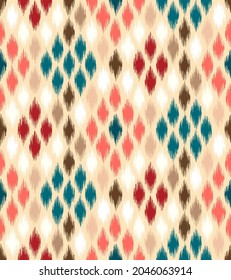 Ikat geometric ornament with diamonds. Ikkat. Seamless pattern. 
 Aztec style. Tribal ethnic vector texture. Folk embroidery, Indian, Scandinavian, Gypsy, Mexican, African rug, wallpaper.