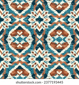 Ikat geometric ornament with diamonds. Ikkat. Seamless pattern. Aztec style. Tribal ethnic vector texture. Folk embroidery, Indian, Scandinavian, Gypsy, Mexican, African rug, wallpaper.