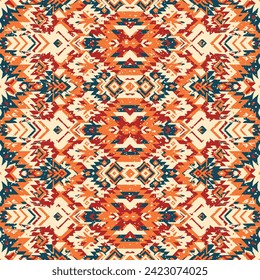 Ikat geometric ornament with diamonds. Ikkat. Seamless pattern. Aztec style. Tribal ethnic vector texture. Folk embroidery, Indian, Scandinavian, Gypsy, Mexican, African rug, wallpaper.