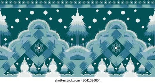 ikat geometrisches Muster orientalisches Design. Weihnachten Wintermonoton Farbe abstrakte Stickerei Stil auf blauem Hintergrund für alle Geschmacksrichtungen umfasst Schneemann, Weihnachtsbaum mit Geschenkbox, Schneeflocke, Schneeflocke.