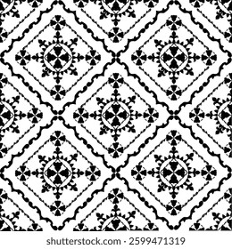Ikat geometric seamless oriental ornament in the style of baroque or Victorian traditional classic vector black and white pattern. Tiles and pottery patterns, wallpaper, rugs, curtains, and blankets.