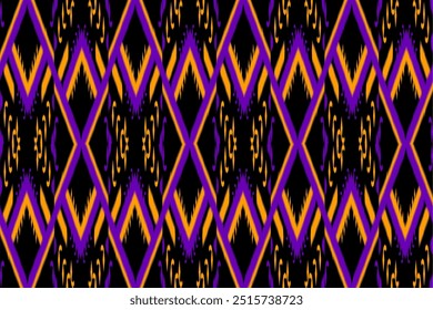Patrón geométrico de Ikat sin fisuras en estilo azteca. Patrón de Folk. Diseño para tela, Fondo de pantalla, cubierta, azulejos, ropa, textura, batik, envoltura, cortinas, alfombra. Patrón tradicional sobre fondo negro.