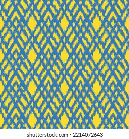 Ikat geometric seamless pattern with diagonal lines. Bright ikat ornament in Ukrainian flag colors. Blue and yellow colors of Ukraine.