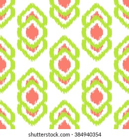 Ikat geometric seamless pattern. Green and coral color collection. Indonesian textile fabric tie-dye technique inspiration. Rhombus and drop shapes.