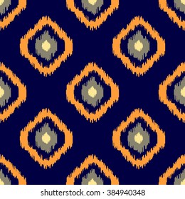 Ikat geometric seamless pattern. Orange and blue colors collection. Indonesian textile fabric tie-dye technique inspiration. Rhombus and drop shapes.