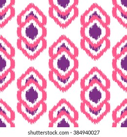 Ikat geometric seamless pattern. Pink and violet color collection. Indonesian textile fabric tie-dye technique inspiration. Rhombus and drop shapes.