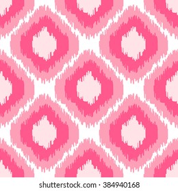 Ikat geometric seamless pattern. Pink and violet color collection. Indonesian textile fabric tie-dye technique inspiration. Rhombus and drop shapes.