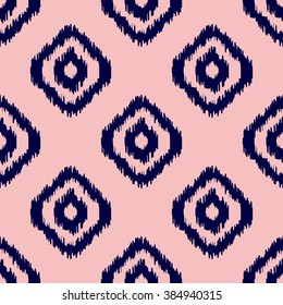 Ikat geometric seamless pattern. Pink and blue colors collection. Indonesian textile fabric tie-dye technique inspiration. Rhombus and drop shapes.
