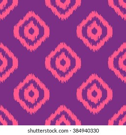 Ikat geometric seamless pattern. Pink and violet color collection. Indonesian textile fabric tie-dye technique inspiration. Rhombus and drop shapes.