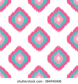 Ikat geometric seamless pattern. Pink and violet color collection. Indonesian textile fabric tie-dye technique inspiration. Rhombus and drop shapes.