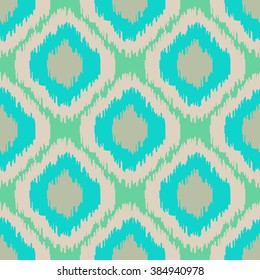 Ikat geometric seamless pattern. Turquoise and mint color collection. Indonesian textile fabric tie-dye technique inspiration. Rhombus and drop shapes.