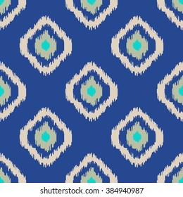 Ikat geometric seamless pattern. Turquoise color collection. Indonesian textile fabric tie-dye technique inspiration. Rhombus and drop shapes.