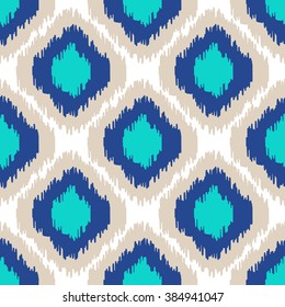 Ikat geometric seamless pattern. Turquoise color collection. Indonesian textile fabric tie-dye technique inspiration. Rhombus and drop shapes.