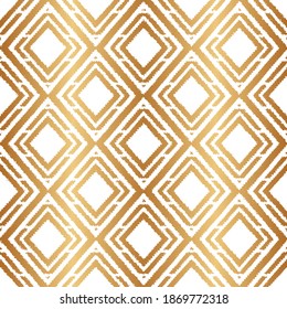 Ikat gold seamless pattern. Geometric pattern boho. Traditional background. Elegant ethnic texture. Navajo motif. Abstract Ikat backdrop. Golden foil for design folk wallpapers, prints. Vector 