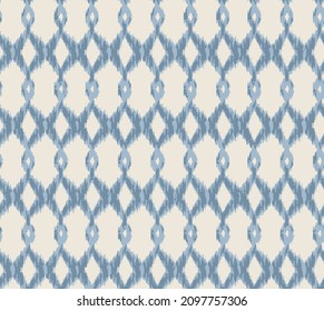 Ikat grid pattern seamless repeat vintage decor textile design organic hand made batik modern and trendy blue with half white background