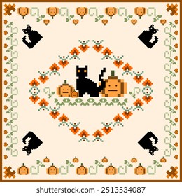 Ikat Halloween cartoon graphic geometric elements seamless on beige background pattern. Perfect decorative design for fabric, wallpaper, background, texture, textile, ornaments, greeting card, poster